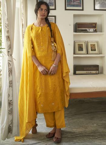 Mustard Rayon Sequence Embroidery work Straight kurta with Pant & Dupatta