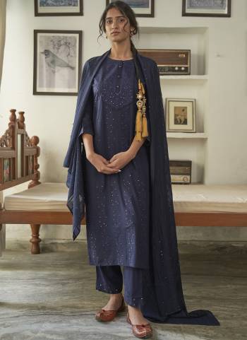 Navy Blue Rayon Sequence Embroidery work Straight kurta with Pant & Dupatta