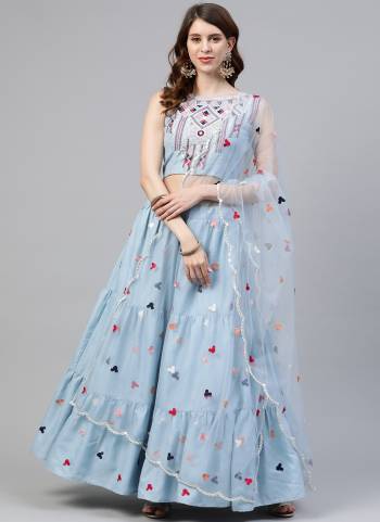 Sky Blue Cotton Embroidered Work Lehenga Choli with Dupatta