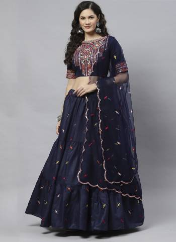 Navy Blue Cotton Embroidered Work Lehenga Choli with Dupatta