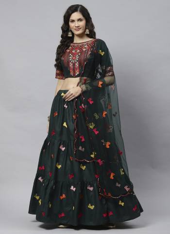 Dark Green Cotton Embroidered Work Lehenga Choli with Dupatta