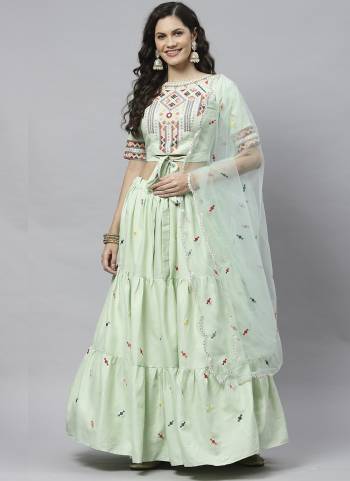 Pista Cotton Embroidered Work Lehenga Choli with Dupatta