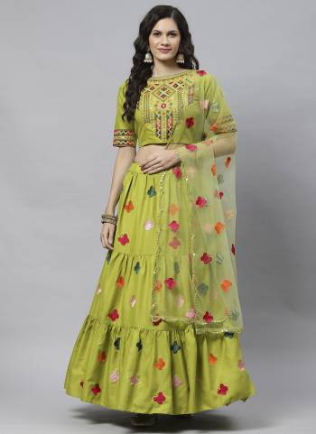 Green Cotton Embroidered Work Lehenga Choli with Dupatta