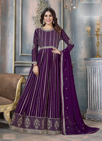 Purple colored suit is prettified with sequins embroidery work as shown which makes it appear classy. This top is made of georgette fabric which is accompanied with santoon bottom, Santoon inner and georgette dupatta. Women can buy this suit to wear for their parties, festive, functions and events.