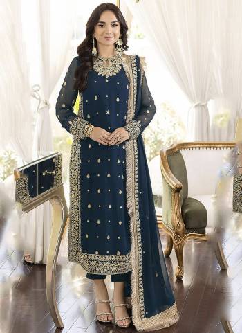 Blue colored pakistani suit is prettified with thread work as shown which makes it appear classy. This top is made of georgette fabric which is accompanied with santoon bottom, santoon lining and Georgette dupatta. Women can buy this suit to wear for their parties, functions and event.