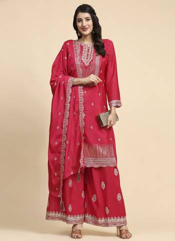 Pink Chinon Embroidery Work Semi-Stitched Top, Free Size Stitched Chinon Embroidery Work Sharara As a Bottom, Chinon With Embroidery Work Dupatta