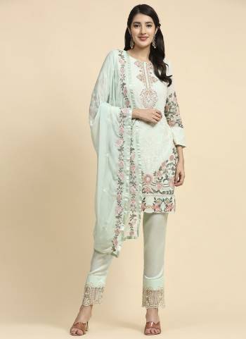 Pista Faux Georgette With Embroidery Straight Top, Shantoon Bottom, Nazmeen Dupatta