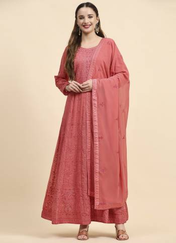 Pink Faux Georgette With Embroidery Work top, Shantoon Material Bottom, Georgette Embroidery Work With Four Side Lace Dupatta