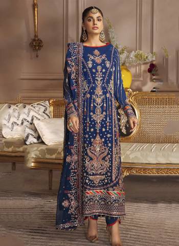 You will be the center of attention in this Violet colored partywear pakistani suit. This Faux Georgette pakistani suit is beautifully adorned with designer Embroidery Work as shown which makes it appear graceful. This semi-stitched pakistani suit comes along with embroidered santoon bottom, Santoon Inner and embroidered georgette Dupatta. women can buy this ethnic suit to wear for their festivals, upcoming parties functions, receptions and family occasions, where you want to be the limelight. team it with ethnic accessories and heels to make your looks more beautiful. buy this suit and earn lots of compliments from on lookers.