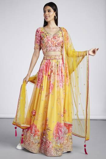 Attrective Looking This Partywear Fine Color Heavy Designer Choli And Lahenga Organza And Dupatta Net In Fabricated Beautified With Attrective Printed With Thread,Sequance Embroidery Work. Buy Now.