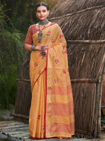 Garab These Party Wear Saree in Fine Colored.These Saree And Blouse is Fabricated On Linen.Its Beautified With Weavon Designer With Embroidery Work.