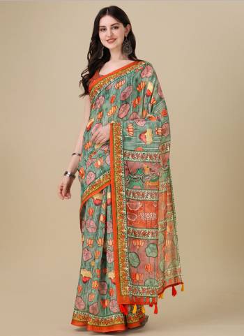 Attrective This Partywear Saree Paired With Blouse.This Saree And Blouse Are Linen Based Fabric With Weaving Jari Border,Designer Digital Printed. Buy This Pretty Saree Now.