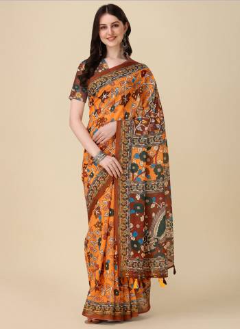 Attrective This Partywear Saree Paired With Blouse.This Saree And Blouse Are Linen Based Fabric With Weaving Jari Border,Designer Digital Printed. Buy This Pretty Saree Now.