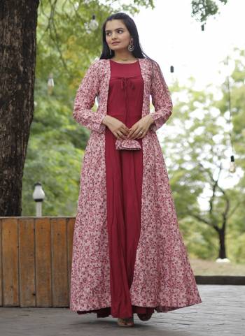 Atrective These Beautiful Looking Readymade Long Gown With Shrug.These Gown is Fabricated On Rayon And Georgette Shrug.Its Beautified With Designer Crochet Embroidery Work.