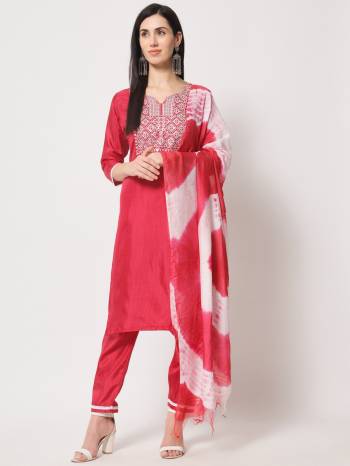 Attrective These Readymade Suit in Fine Colored Pair With Bottom And Dupatta.These Top And Bottom Are Fabricated On South Silk Pair With Cotton Dupatta.Its Beautified With Designer Embroidery Work.