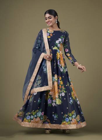 Attrective These Anarkali Suit in Fine Colored Pair With Bottom And Dupatta.These Top Are Faux Georgette And Dupatta Are Fabricated On Soft Net Pair With Santoon Bottom.Its Beautified With Designer Digital Printed With Sequance,Jari Embroidery Work.