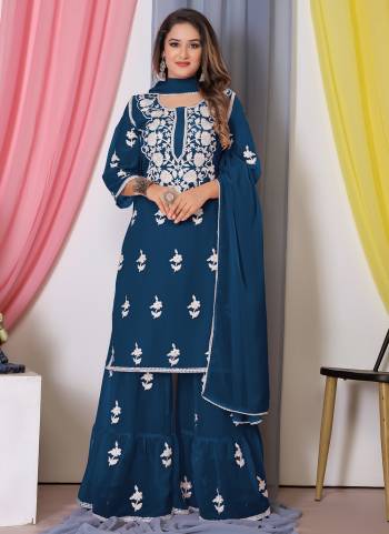 Attrective These Sharara Suit in Fine Colored Pair With Bottom And Dupatta.These Top Are Bamber Georgette And Dupatta Are Fabricated On Georgette Pair With Bamber Georgette Bottom.Its Beautified With Designer Heavy Cotton Thread Embroidery Work.