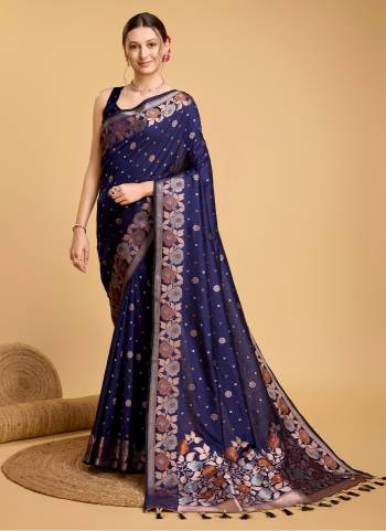 Attrective This Partywear Saree Paired With Blouse.This Saree And Blouse Are Silk Based Fabric With Weaving Jacquard Jari Designer. Buy This Pretty Saree Now.