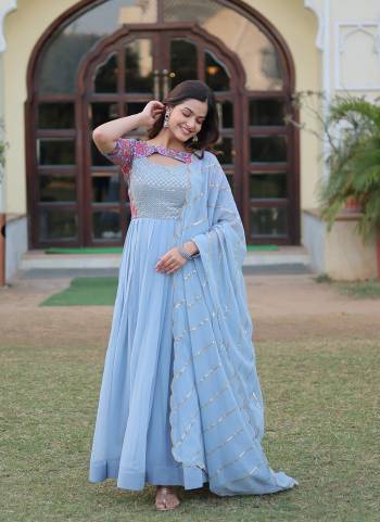 Attrective Looking These Beautiful Looking Readymade Long Gown With Dupatta.These Gown is Fabricated On Faux Georgette And Faux Georgette Dupatta.Its Beautified With Designer  Embroidery Work With Floral Printed.