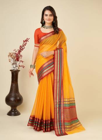 Attrective This Partywear Saree Paired With Blouse.This Saree And Blouse Are Kota Doriya Based Fabric With Weaving Designer. Buy This Pretty Saree Now.