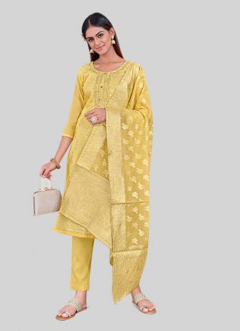 Looking These Designer Salwar Suit in Fine Colored Pair With Bottom And Dupatta.These Top Are Chanderi Silk And Dupatta Are Fabricated On Chandei Silk Pair With Santoon Bottom.Its Beautified With Wevon Jacquard Designr With Embroidery Work.