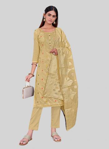 Looking These Designer Salwar Suit in Fine Colored Pair With Bottom And Dupatta.These Top Are Chanderi Silk And Dupatta Are Fabricated On Chandei Silk Pair With Santoon Bottom.Its Beautified With Wevon Jacquard Designr With Embroidery Work.