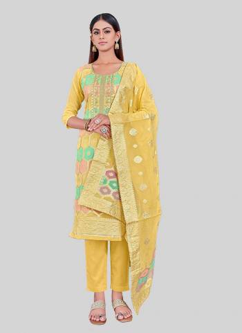 Garb These Designer Salwar Suit in Fine Colored Pair With Bottom And Dupatta.These Top Are Chanderi Silk And Dupatta Are Fabricated On Chandei Silk Pair With Santoon Bottom.Its Beautified With Wevon Jacquard Designer With Embroidery Work.