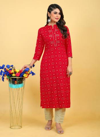 Attrective These Beautiful Looking Readymade Red Color Kurti.These Kurtis Fabricated On Rayon.Its Beautified With Designer Printed With Mirror Embroidery Work.