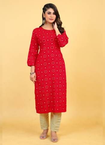 Attrective These Beautiful Looking Readymade Red Color Kurti.These Kurtis Fabricated On Rayon.Its Beautified With Designer Printed With Mirror Embroidery Work.