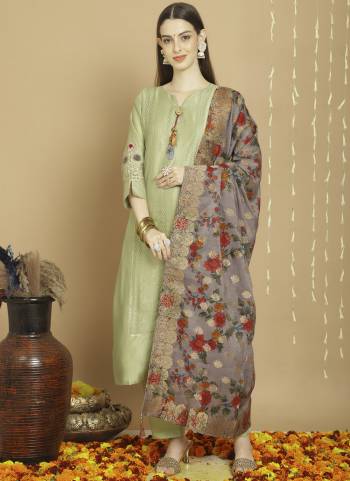 Attrective This Designer Long Length Suit In Lovely Color.Its Pretty Heavy Designer Embroidery Work Top Is Tusser Silk Based Paired With Silk Bottom And Cotton Jacquard Fabricated Dupatta Which Gives An Attractive To The Suit.