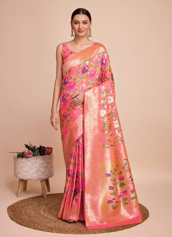 Attrective This Partywear Saree Paired With Blouse.This Saree And Blouse Are Paithani Silk Based Fabric With Weaving Meenakari Designer. Buy This Pretty Saree Now.