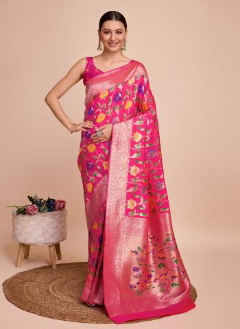 Attrective This Partywear Saree Paired With Blouse.This Saree And Blouse Are Paithani Silk Based Fabric With Weaving Meenakari Designer. Buy This Pretty Saree Now.