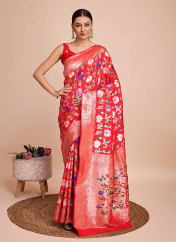 Attrective This Partywear Saree Paired With Blouse.This Saree And Blouse Are Paithani Silk Based Fabric With Weaving Meenakari Designer. Buy This Pretty Saree Now.