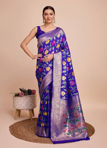 Attrective This Partywear Saree Paired With Blouse.This Saree And Blouse Are Paithani Silk Based Fabric With Weaving Meenakari Designer. Buy This Pretty Saree Now.