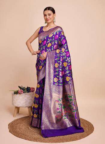 Attrective This Partywear Saree Paired With Blouse.This Saree And Blouse Are Paithani Silk Based Fabric With Weaving Meenakari Designer. Buy This Pretty Saree Now.