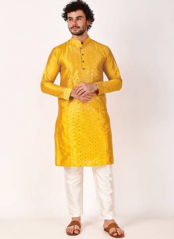 Garb These Designer Mens Wear Kurta With Bottom.Its Kurta And Bottom Are Art Silk Fabriced.Its Designer Mirror Embroidery Work.