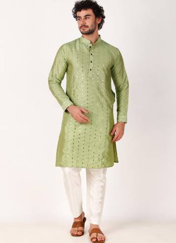 Garb These Designer Mens Wear Kurta With Bottom.Its Kurta And Bottom Are Art Silk Fabriced.Its Designer Mirror Embroidery Work.