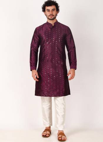 Garb These Designer Mens Wear Kurta With Bottom.Its Kurta And Bottom Are Art Silk Fabriced.Its Designer Mirror Embroidery Work.