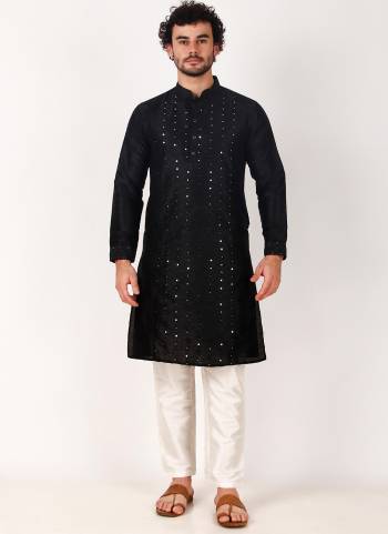 Garb These Designer Mens Wear Kurta With Bottom.Its Kurta And Bottom Are Art Silk Fabriced.Its Designer Mirror Embroidery Work.