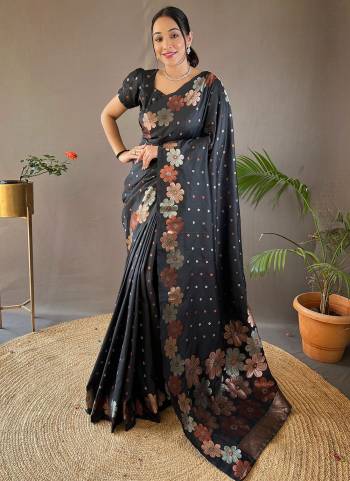 Attrective This Partywear Saree Paired With Blouse.This Saree And Blouse Are Soft Silk Based Fabric With Weaving Jacquard Silver,Copper Jari Designer. Buy This Pretty Saree Now.