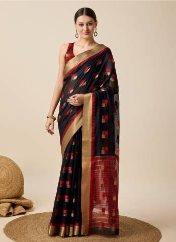 Garb This Partywear Saree Paired With Blouse.This Saree And Blouse Are Cotton Silk Based Fabric With Weaving Designer. Buy This Pretty Saree Now.