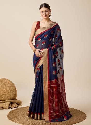 Garb This Partywear Saree Paired With Blouse.This Saree And Blouse Are Cotton Silk Based Fabric With Weaving Designer. Buy This Pretty Saree Now.