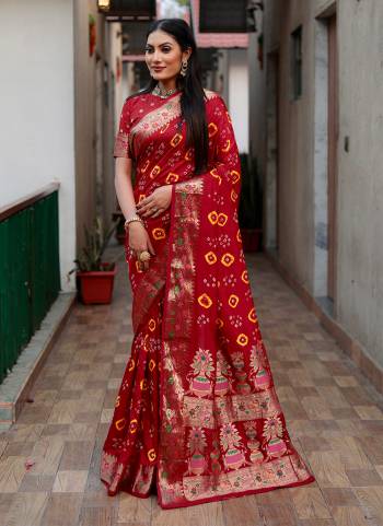 Looking These Party Wear Saree in Fine Colored.These Saree And Blouse is Fabricated On Dola Silk.Its Beautified With Wevon Matha Border Pallu Designer With Hand Made Bandhej Printed.