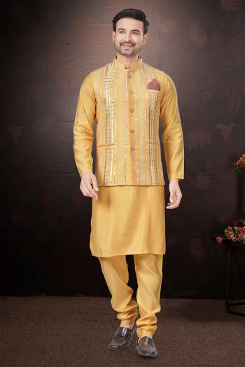 Looking These Party Wear Mans Wear Kutra Payjama With Koti wearing this fashionable. Tailored Kurta Pajama With Koti finest Silk Fabriced With Mirror,Thread Embroidery Work and fashioned with a banded collar for a dash of style.