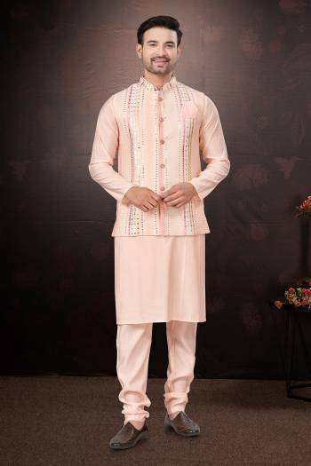 Looking These Party Wear Mans Wear Kutra Payjama With Koti wearing this fashionable. Tailored Kurta Pajama With Koti finest Silk Fabriced With Mirror,Thread Embroidery Work and fashioned with a banded collar for a dash of style.