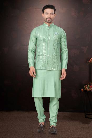 Looking These Party Wear Mans Wear Kutra Payjama With Koti wearing this fashionable. Tailored Kurta Pajama With Koti finest Silk Fabriced With Mirror,Thread Embroidery Work and fashioned with a banded collar for a dash of style.