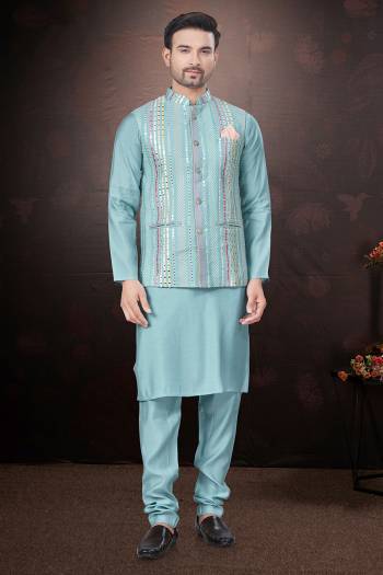 Looking These Party Wear Mans Wear Kutra Payjama With Koti wearing this fashionable. Tailored Kurta Pajama With Koti finest Silk Fabriced With Mirror,Thread Embroidery Work and fashioned with a banded collar for a dash of style.