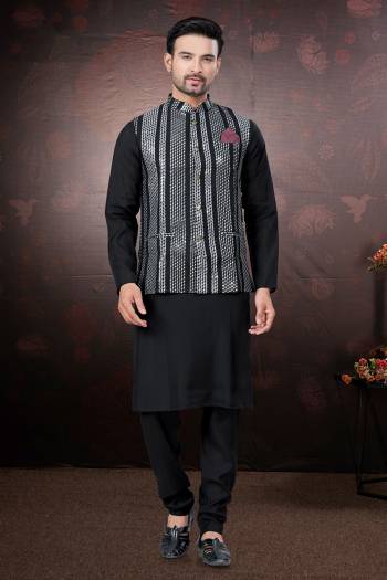 Looking These Party Wear Mans Wear Kutra Payjama With Koti wearing this fashionable. Tailored Kurta Pajama With Koti finest Silk Fabriced With Mirror,Thread Embroidery Work and fashioned with a banded collar for a dash of style.