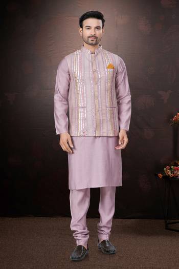 Looking These Party Wear Mans Wear Kutra Payjama With Koti wearing this fashionable. Tailored Kurta Pajama With Koti finest Silk Fabriced With Mirror,Thread Embroidery Work and fashioned with a banded collar for a dash of style.