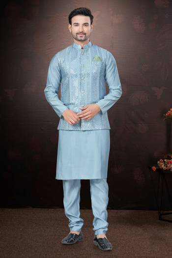 Looking These Party Wear Mans Wear Kutra Payjama With Koti wearing this fashionable. Tailored Kurta Pajama With Koti finest Silk Fabriced With Mirror,Thread Embroidery Work and fashioned with a banded collar for a dash of style.